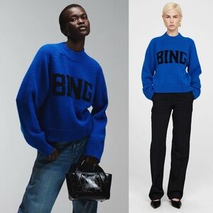 ANINE BING Kendrick University Crewneck Wool Blend Sweater Blue NEW with tags